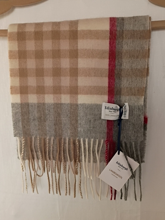 Edinburgh Accessories - Edinburgh Lambswool Plaid Fringe Scarf in Beige, Gray & Red Stripe 62 X 10 In"